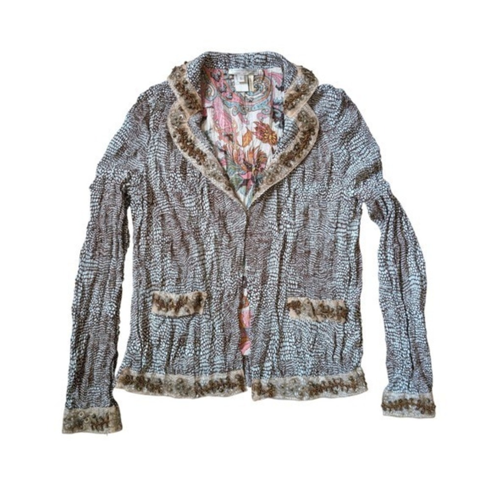 Vintage Y2K 90s Roberto Cavalli Style Abstract Corn Flower Blue Beaded Cardigan